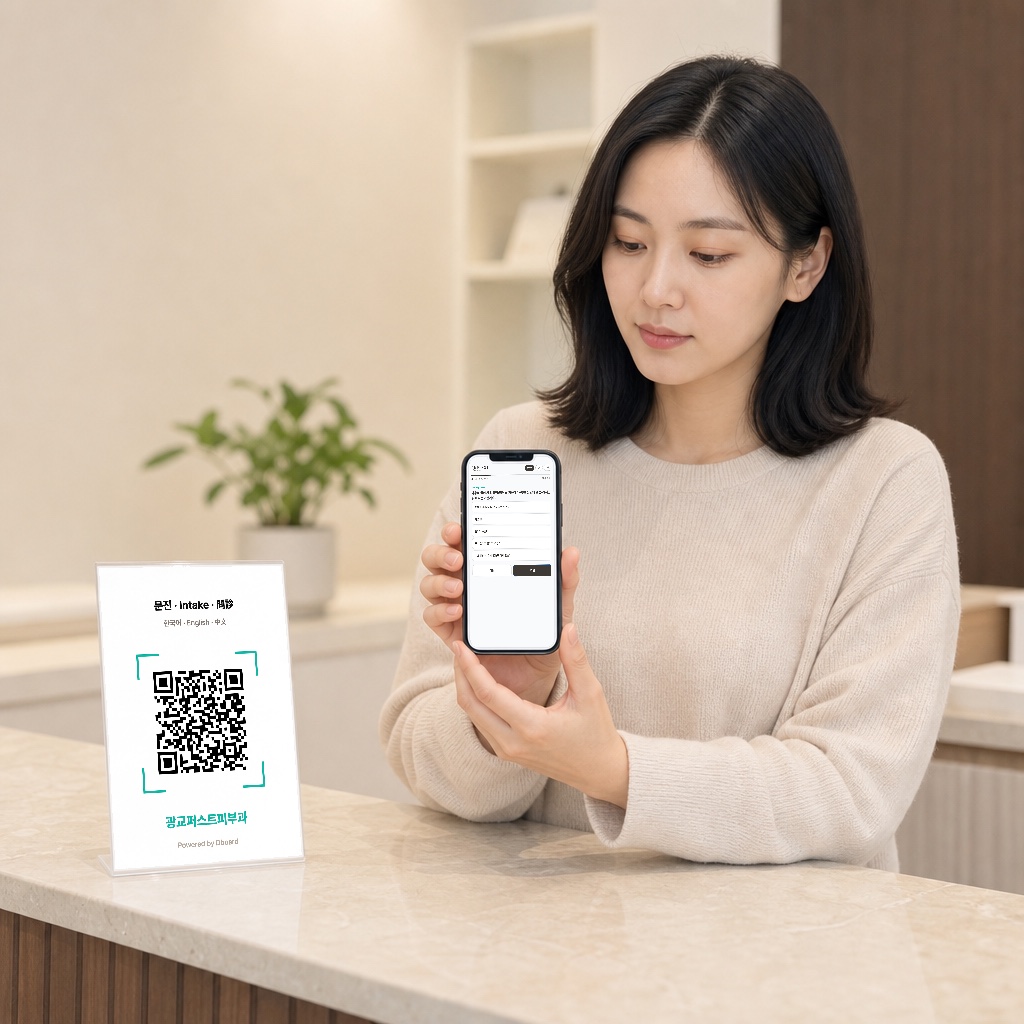 대기실에 놓인 QR 안내물을 찍어 스마트폰으로 바우만 피부 타입 문진을 작성하는 모습